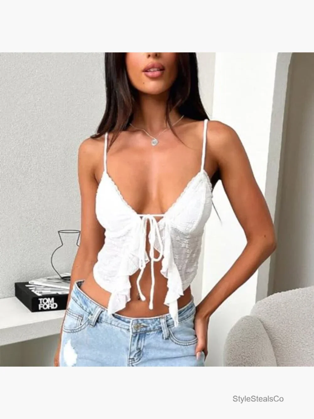 Lace Trim Tie Up Camisole Crop Top Sleeveless V Neck Summer - Picture 3 of 3